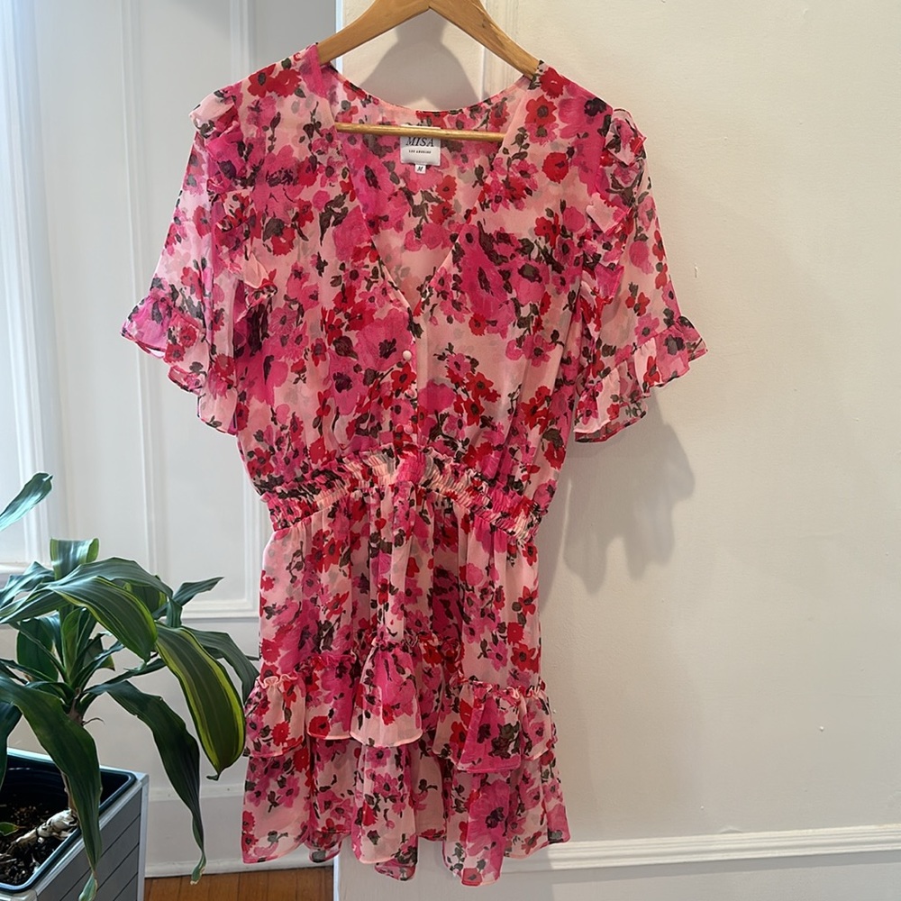MISA Los Angeles Devan Smocked Ruffle Floral-Print Dress in pink